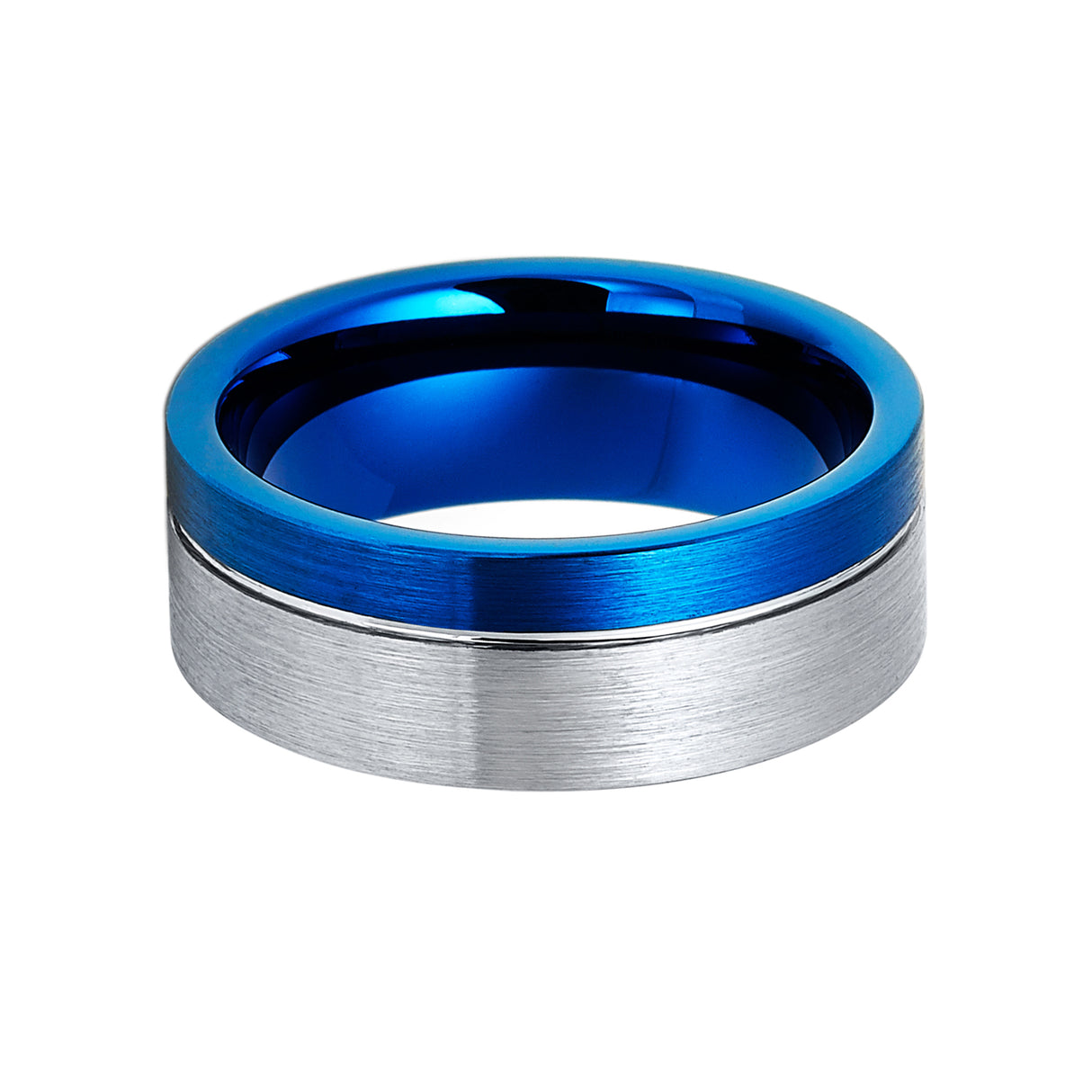 8mm - Tungsten Ring Brushed Blue Silver Tungsten Off Center Groove Ring