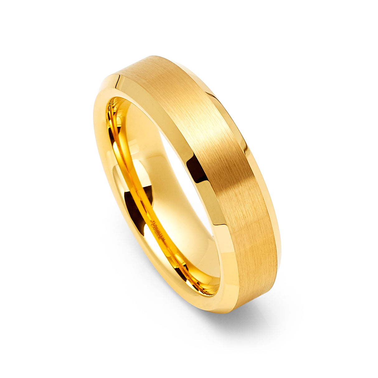 6mm - 14k Yellow Gold Tungsten Carbide Wedding Band Beveled Edges Brush Center