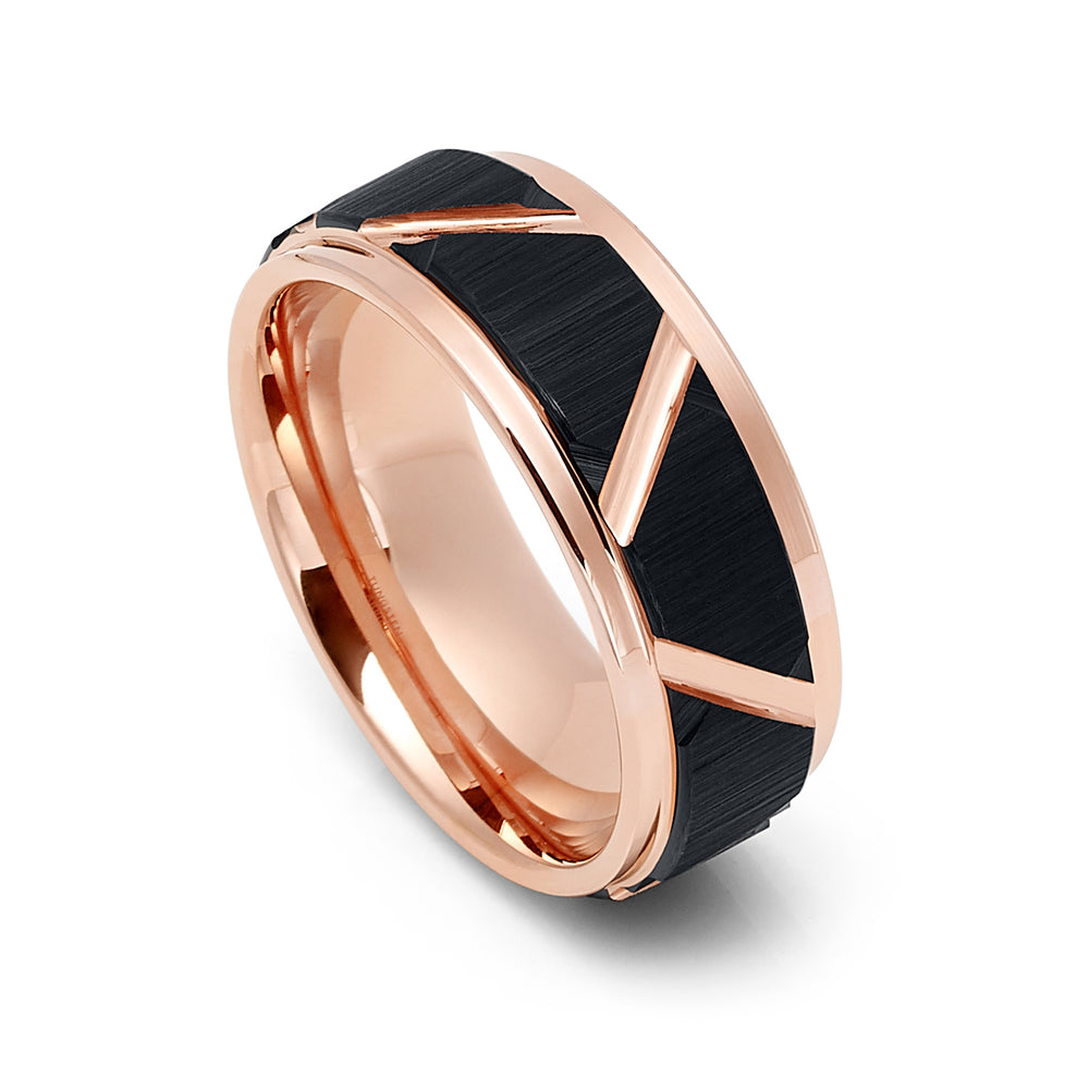 8mm - Tungsten Wedding Band W/ High Polish Rose Gold Groves Triangle Angle Grooves