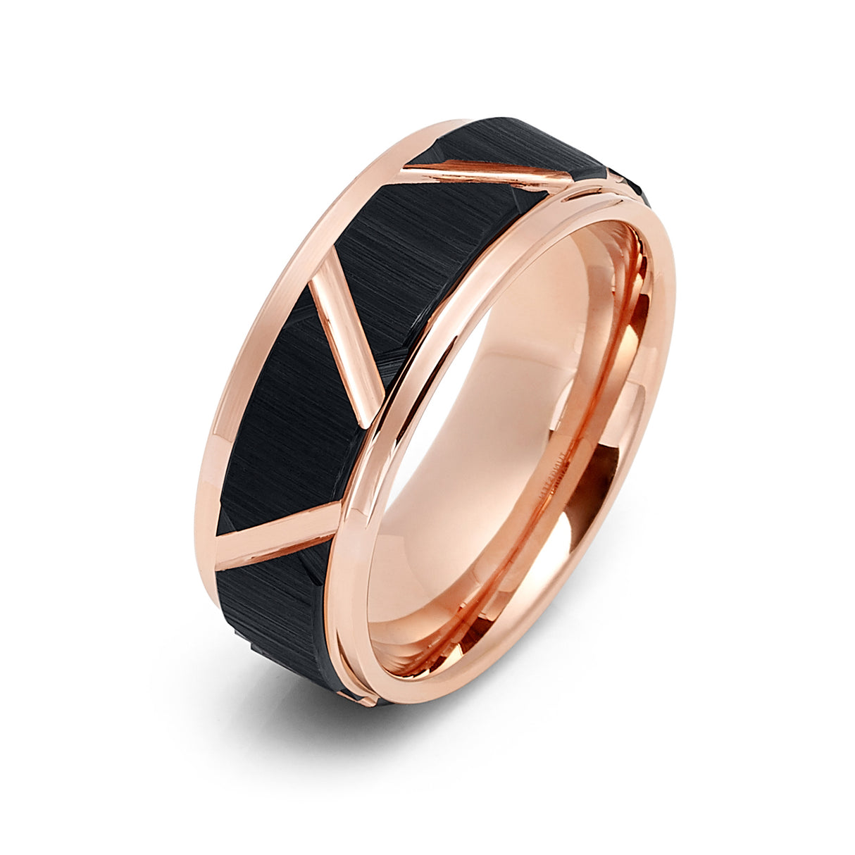 8mm - Tungsten Wedding Band W/ High Polish Rose Gold Groves Triangle Angle Grooves