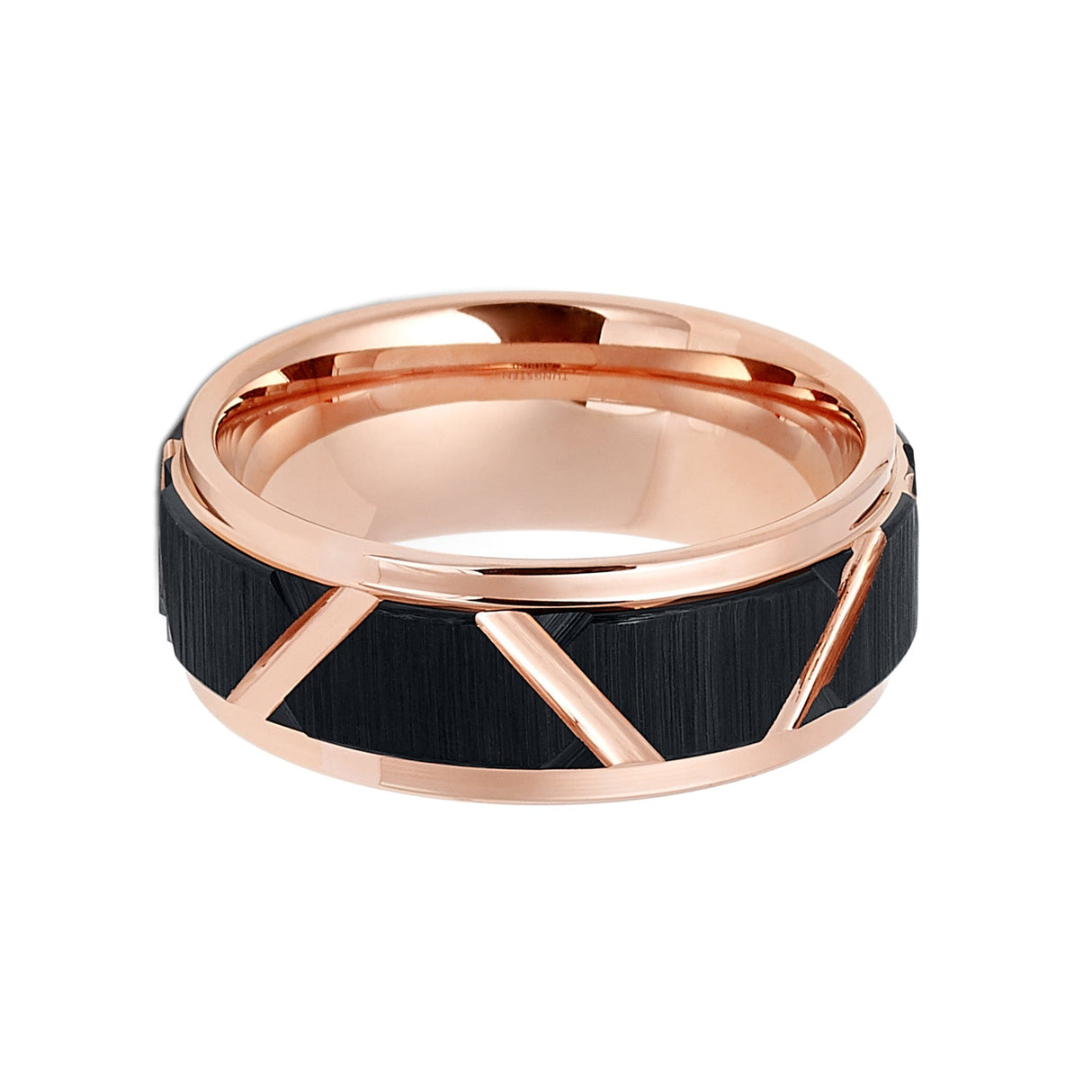 8mm Rose Gold Tungsten Wedding Band W/ Black Trapezoids Stepped Edges