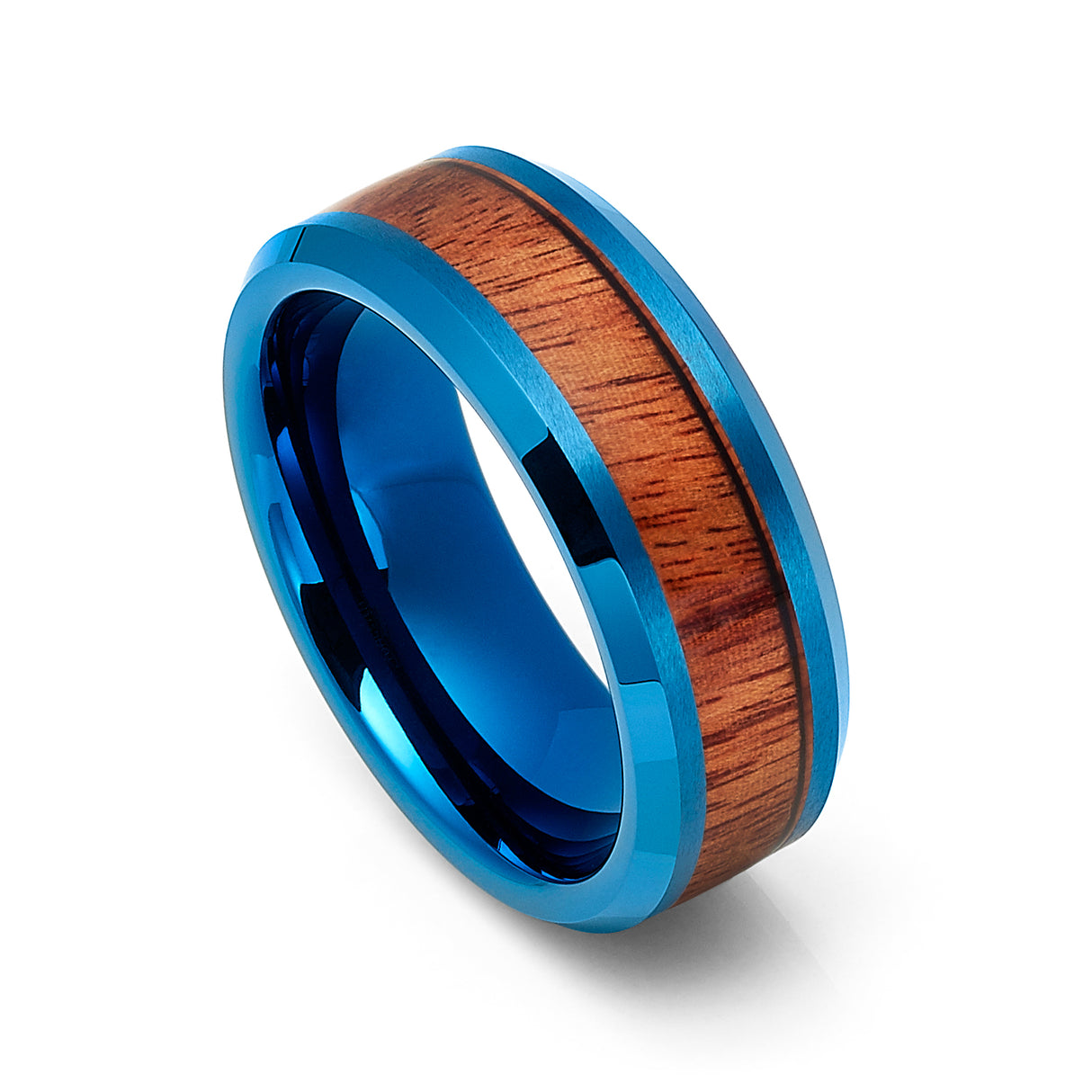 8mm Blue Tungsten Carbide Wedding Ring with Koa Wood Inlay