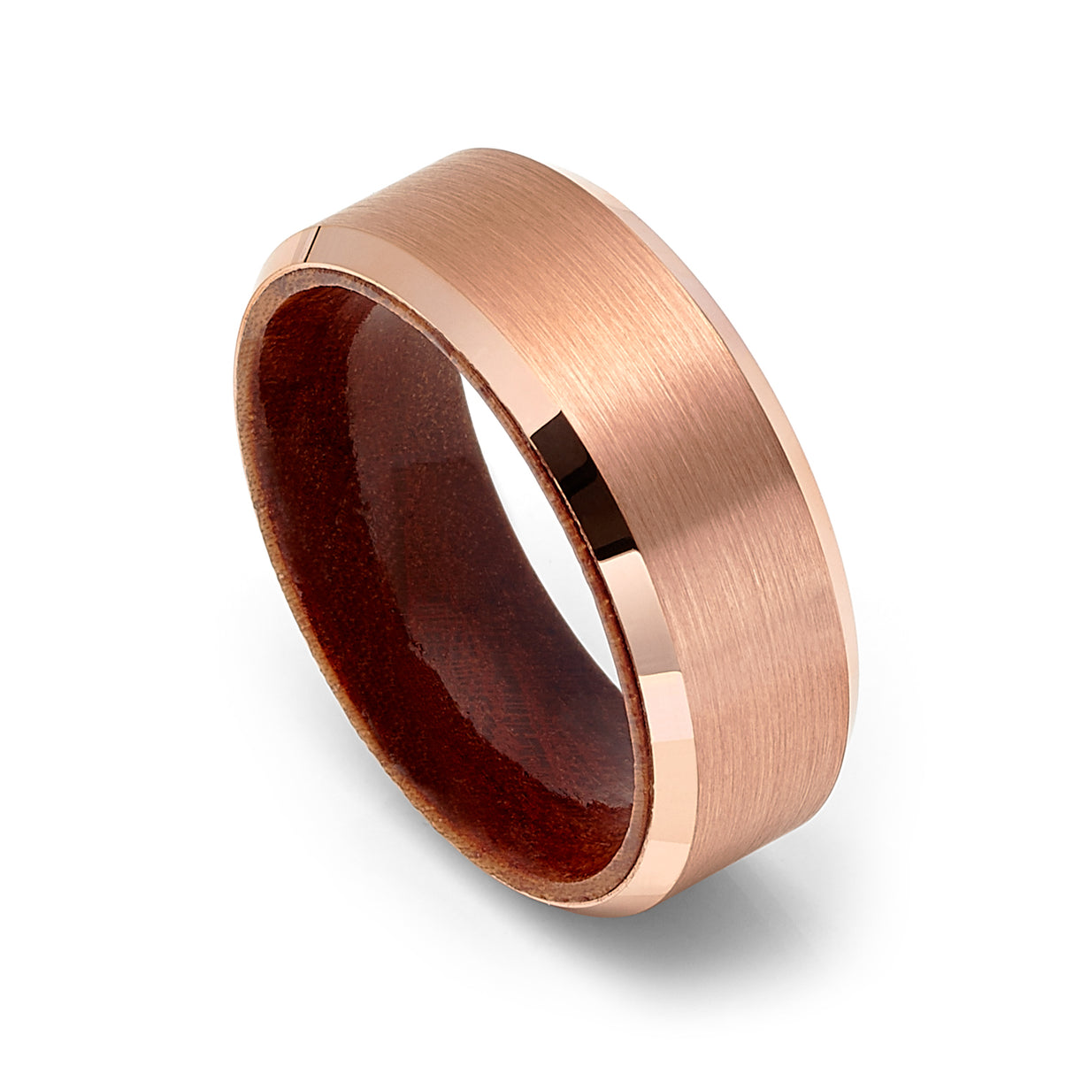 8mm - Rose Gold Tungsten Wedding Ring with Mahogany Wood Inlay - Tungsten Ring