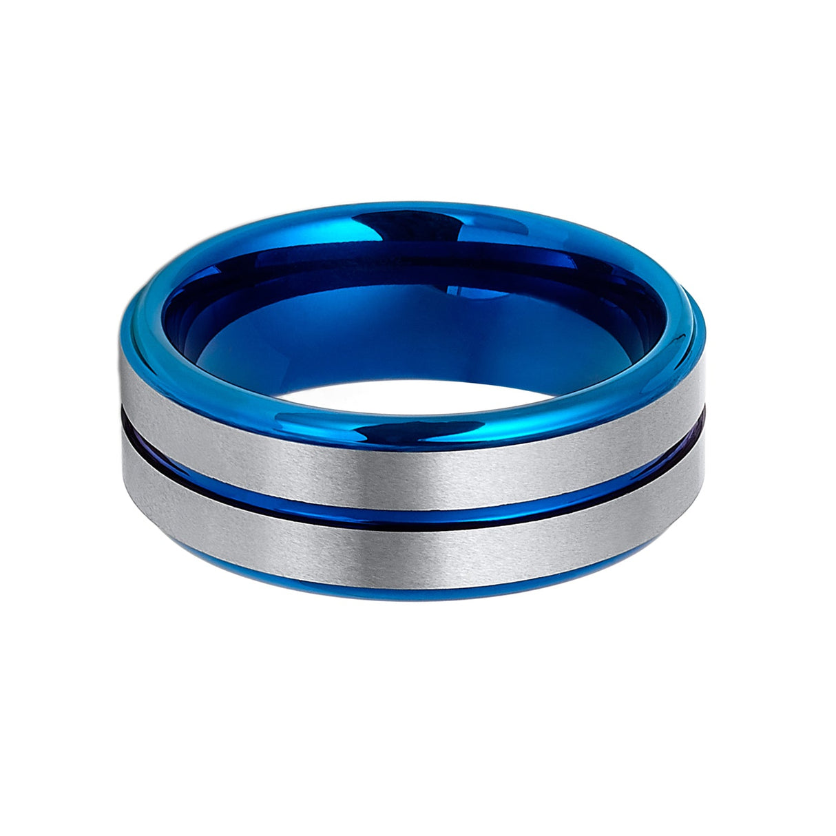 8mm Blue Tungsten Carbide Wedding Ring Center Groove Brushed Finish