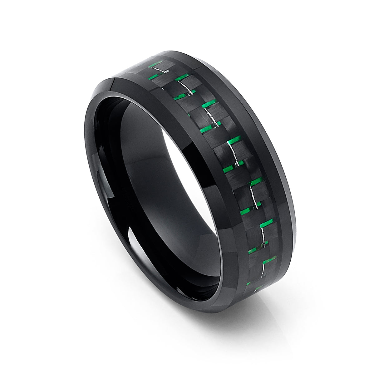 8mm Black Tungsten Wedding Band with Green Carbon Fiber Inlay