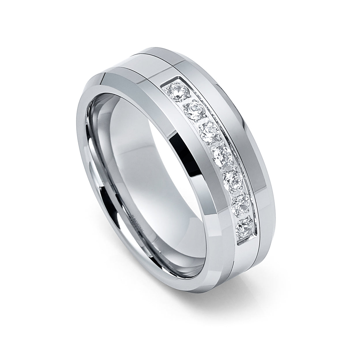 8mm - Silver Tungsten Wedding Band W/ 7 CZ Diamond Inlay High Polish