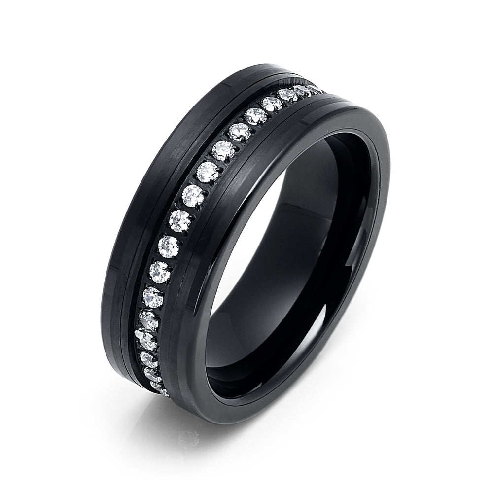 8mm Black Tungsten Carbide Wedding Ring Brushed Center W/ Cubic Zircon Diamonds