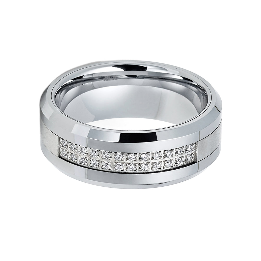 8mm - Silver Tungsten Wedding Band Double Row W/ 24 CZs Diamond Inlay