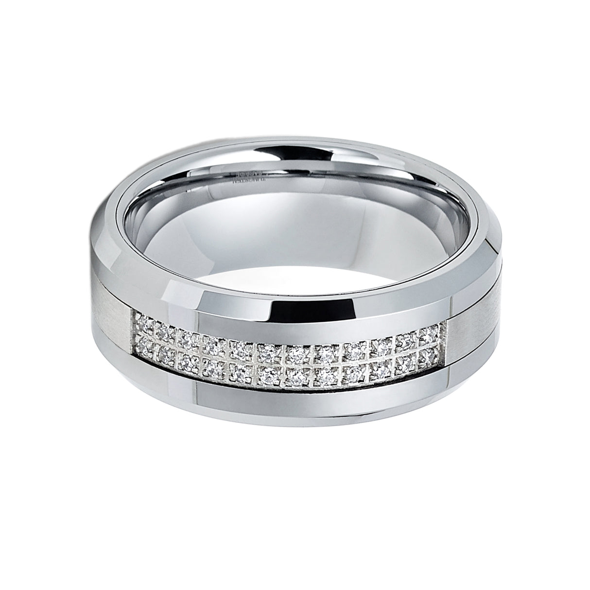 8mm - Silver Tungsten Wedding Band Double Row W/ 24 CZs Diamond Inlay