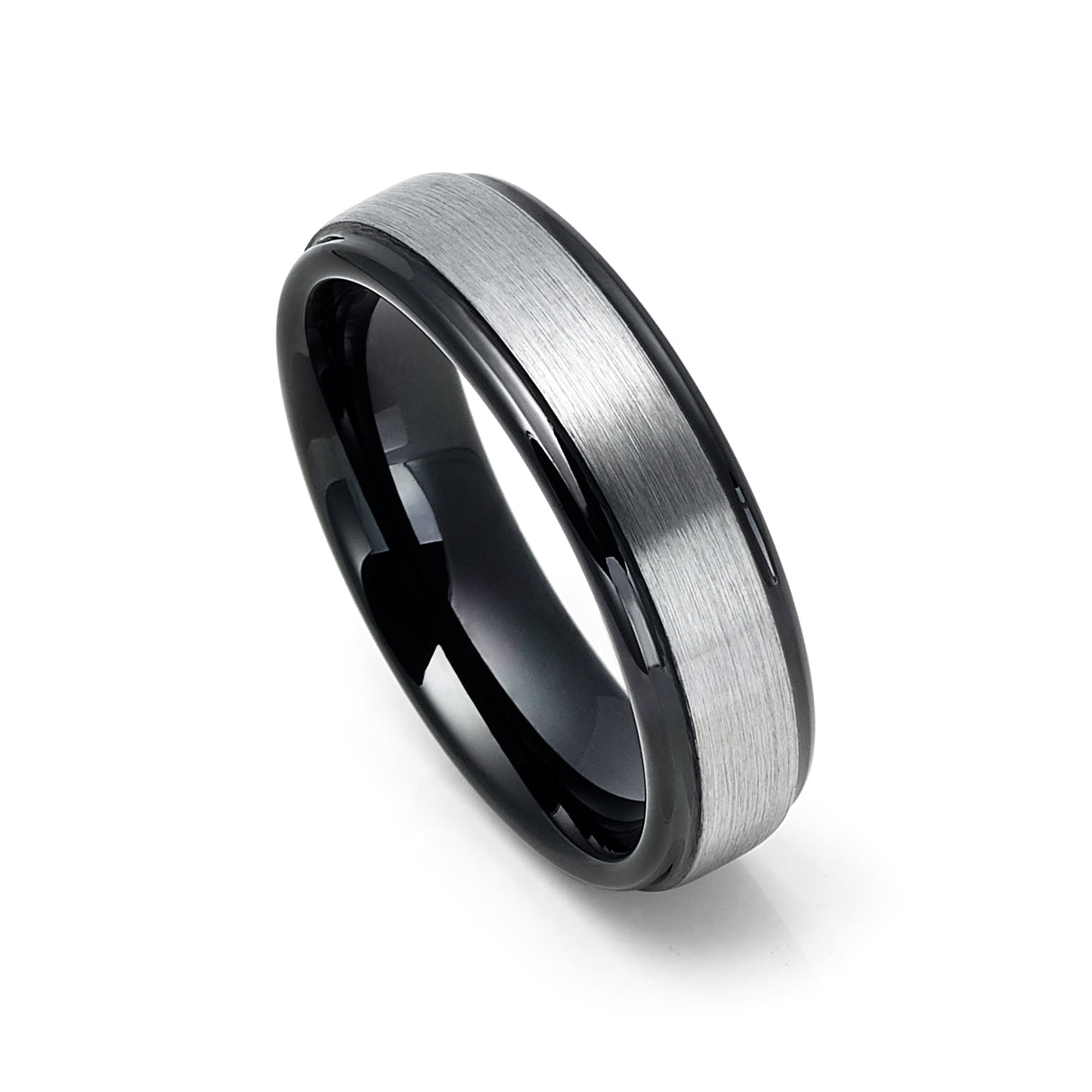 6mm - Black Tungsten Carbide Wedding Band With Stepped Edges Brush Center