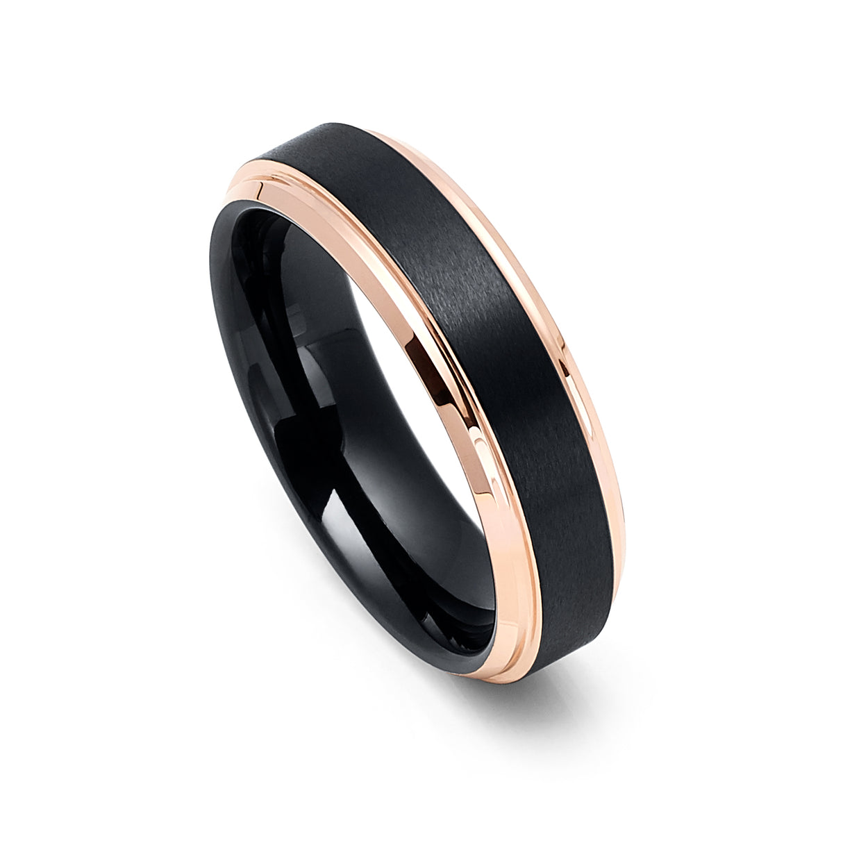 6mm - Rose Gold Tungsten Band Stepped Edges Brushed Black Center