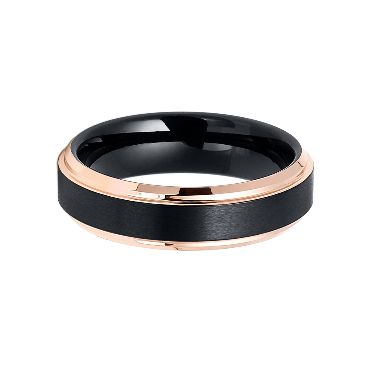 6mm - Rose Gold Tungsten Band Stepped Edges Brushed Black Center