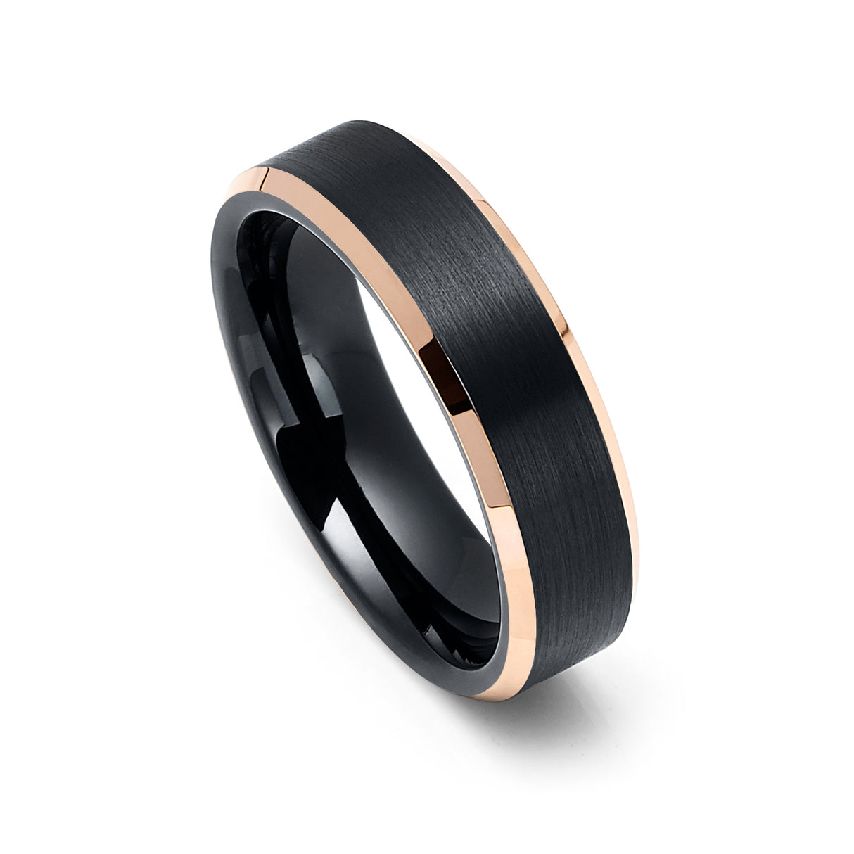 6mm - Rose Gold Tungsten Carbide Wedding Band Shiny Beveled Edges Brushed Black Center