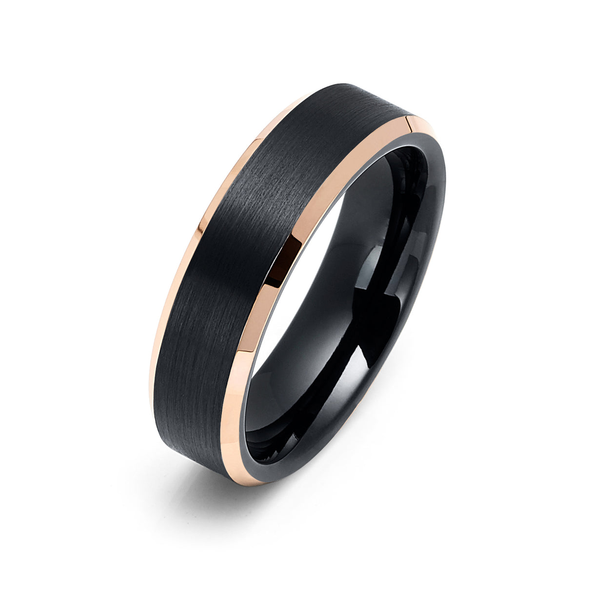 6mm - Rose Gold Tungsten Carbide Wedding Band Shiny Beveled Edges Brushed Black Center