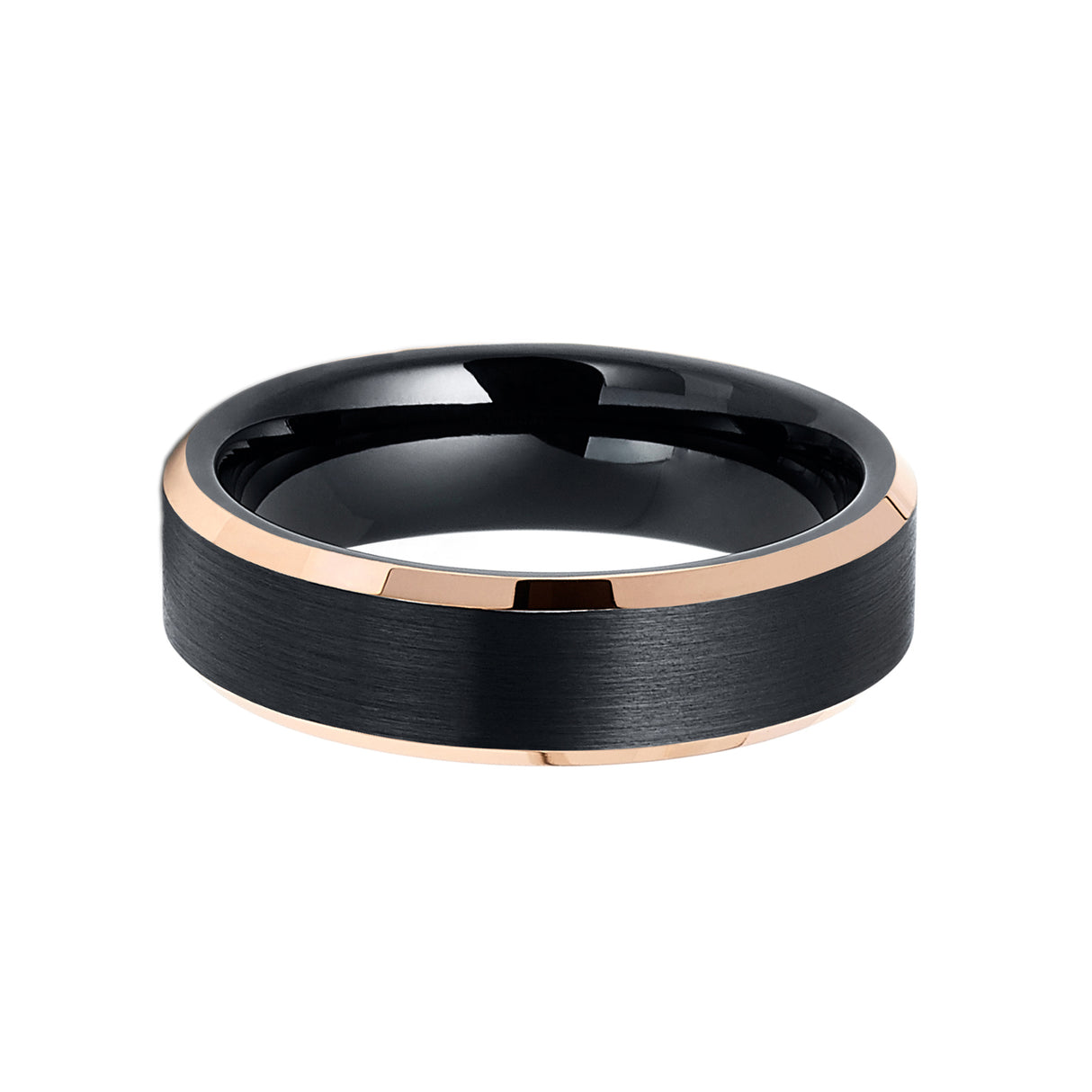 6mm - Rose Gold Tungsten Carbide Wedding Band Shiny Beveled Edges Brushed Black Center