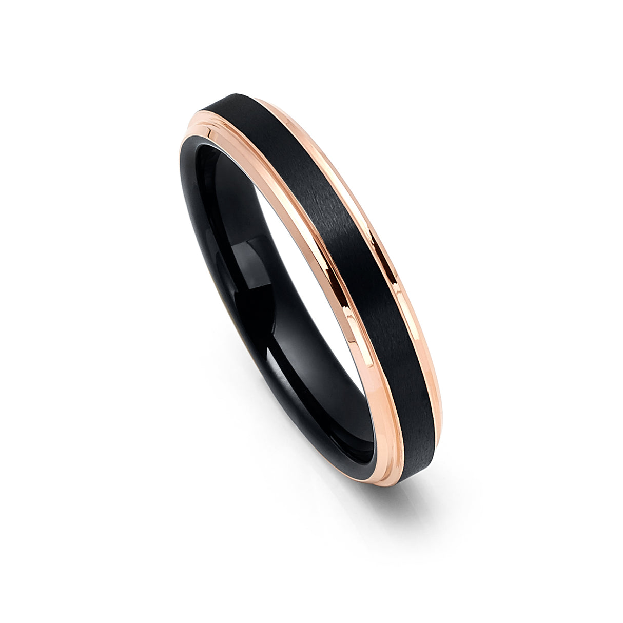 4mm - Rose Gold Tungsten Carbide Wedding Band - Shinny Stepped Edges Brushed Black Center