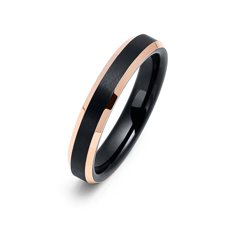 4mm - Rose Gold Tungsten Carbide Wedding Band Shinny Beveled Edges Brushed Black Center