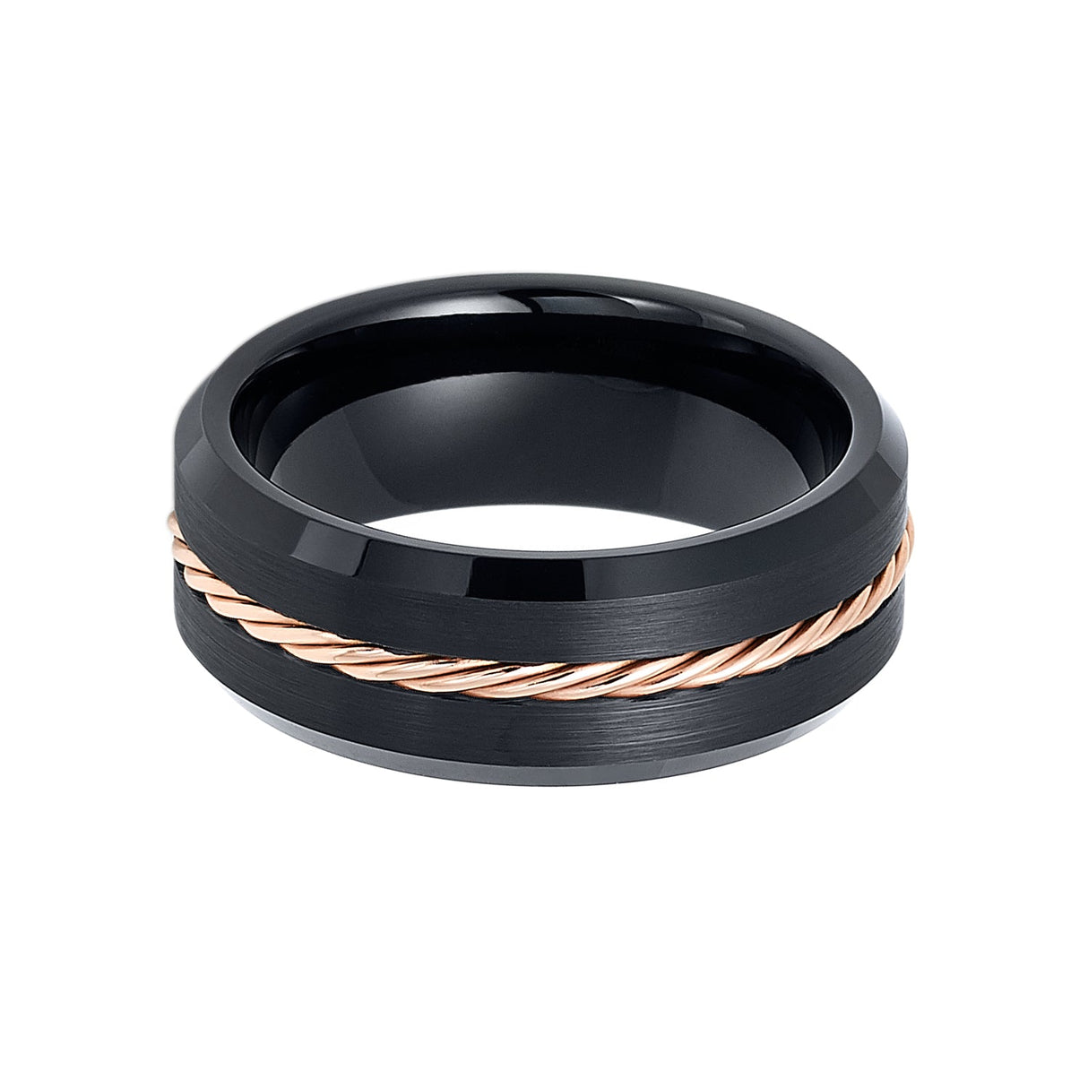8mm Black Tungsten Carbide Ring W/ Rose Gold Braid Brushed Black Center