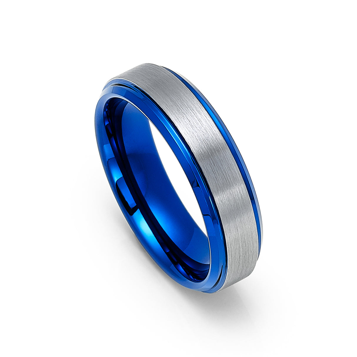 6mm Blue Tungsten Carbide Wedding Band with Polished Blue Edges