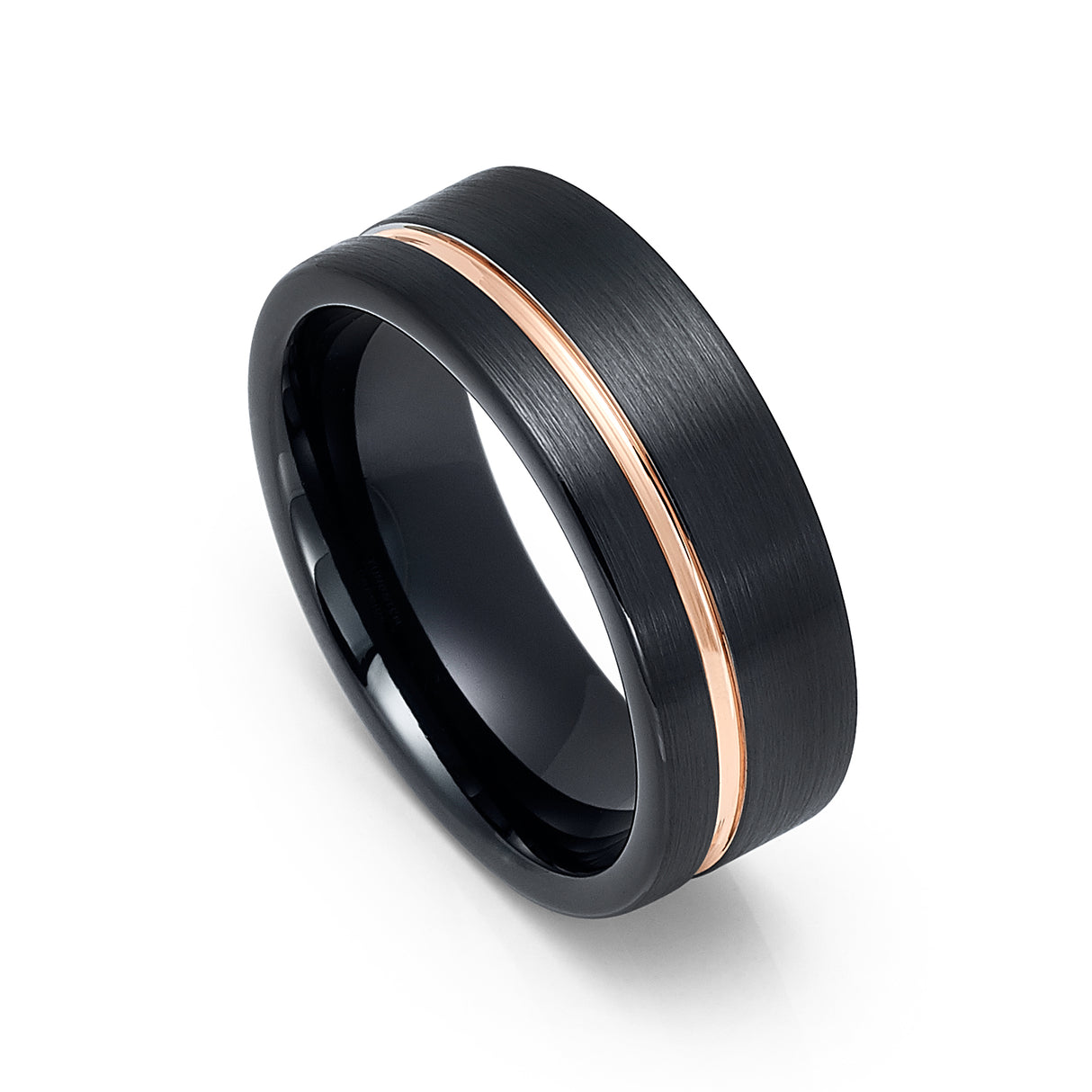 8mm Black Tungsten Wedding Band W/ Off Center Rose Gold Groove