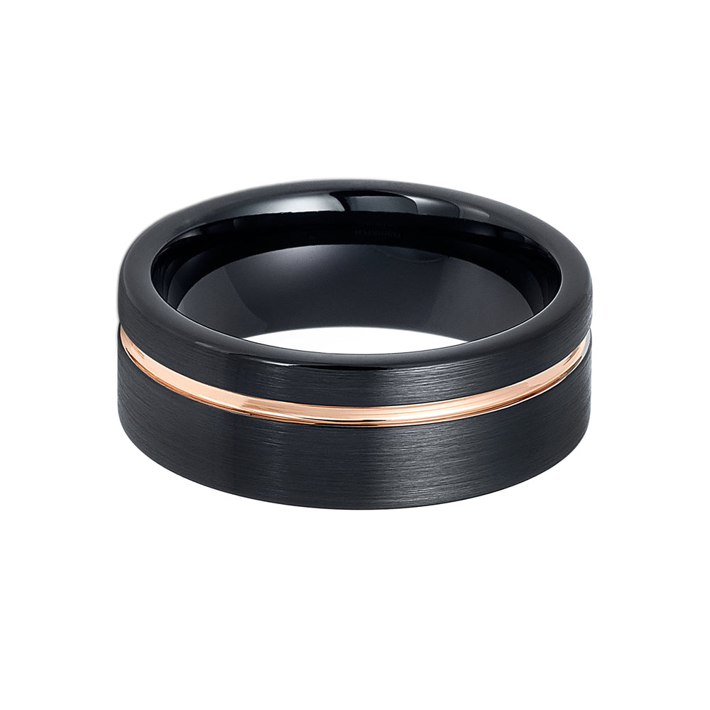 8mm Black Tungsten Wedding Band W/ Off Center Rose Gold Groove