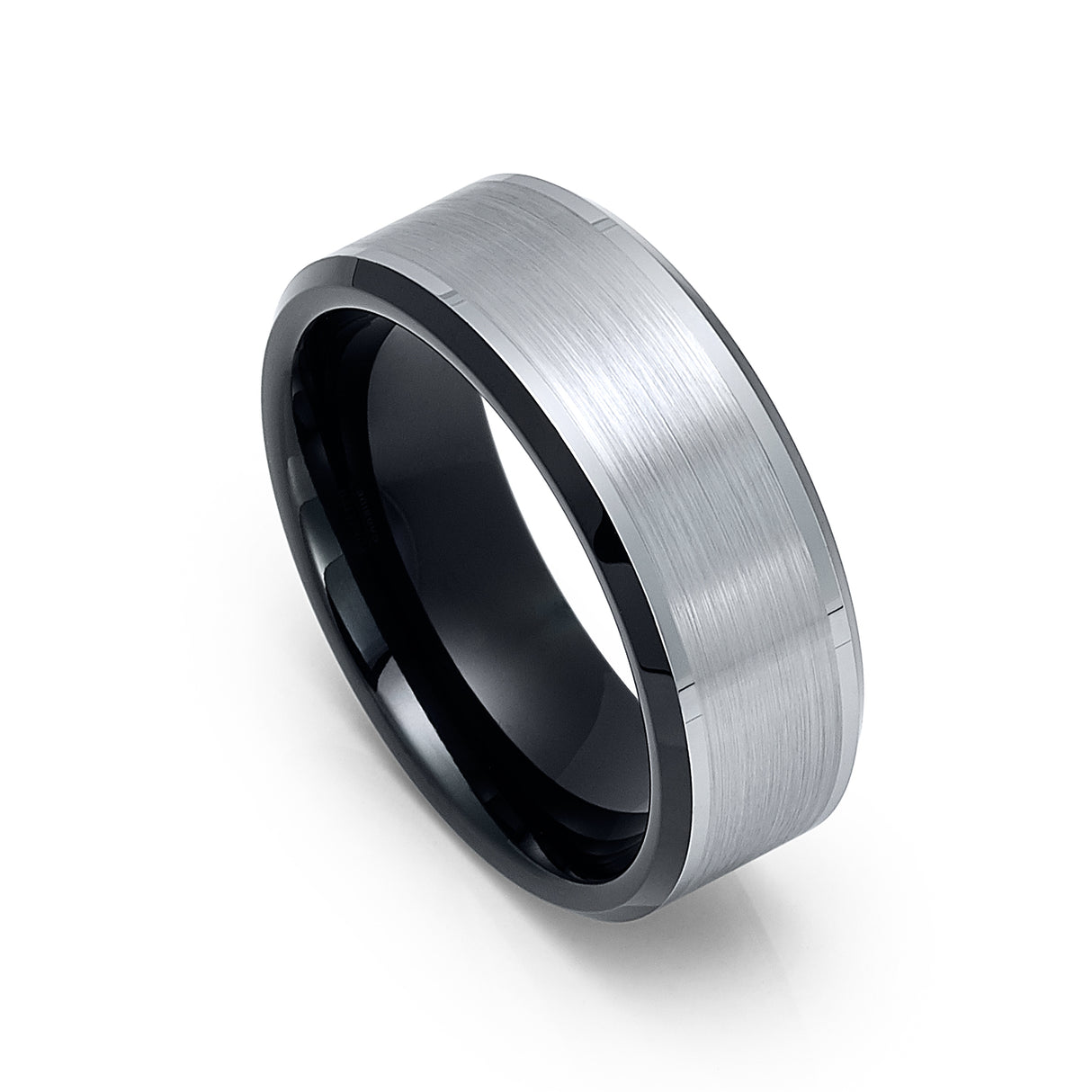 8mm - Black Tungsten Carbide Wedding Band with Black Beveled Edges Brush Center