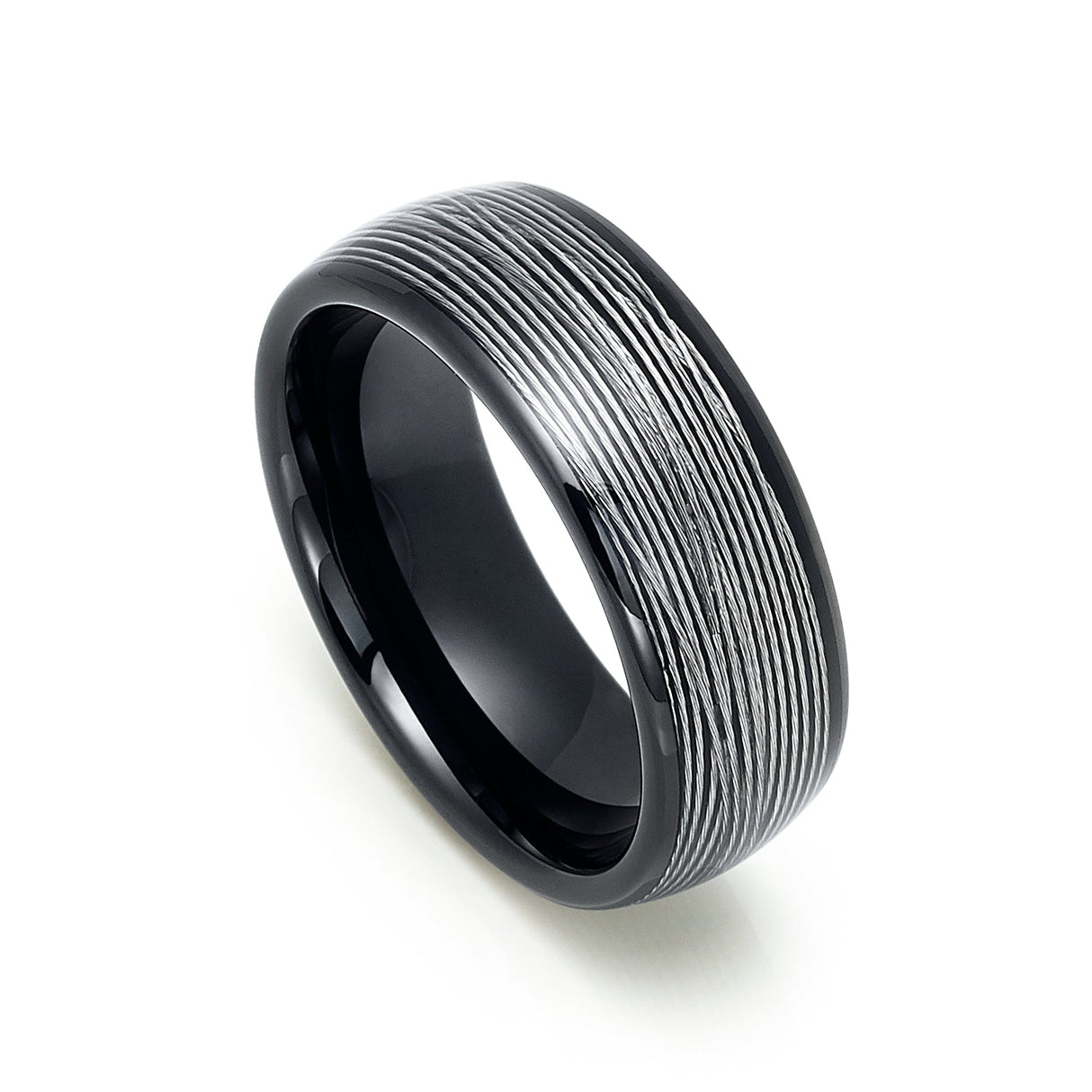 8mm Mens Black Tungsten Carbide Ring W/ Rolled Wire Inlay Domed Ring