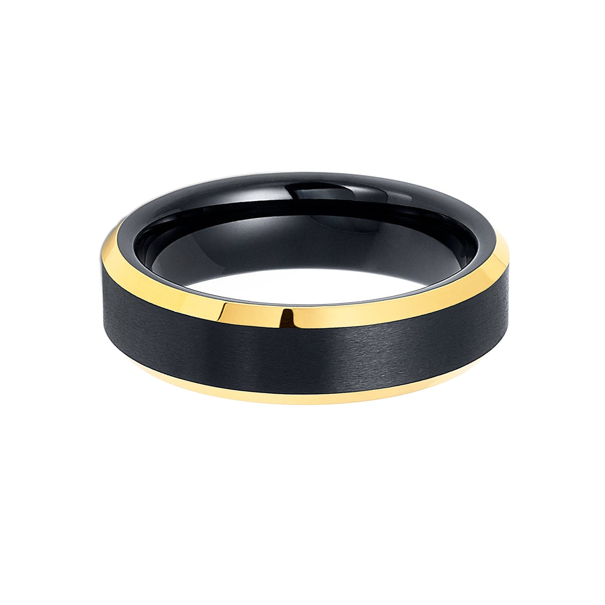 6mm - Black & Gold Tungsten Wedding Band W/ Gold Beveled Edges, Brushed Ring
