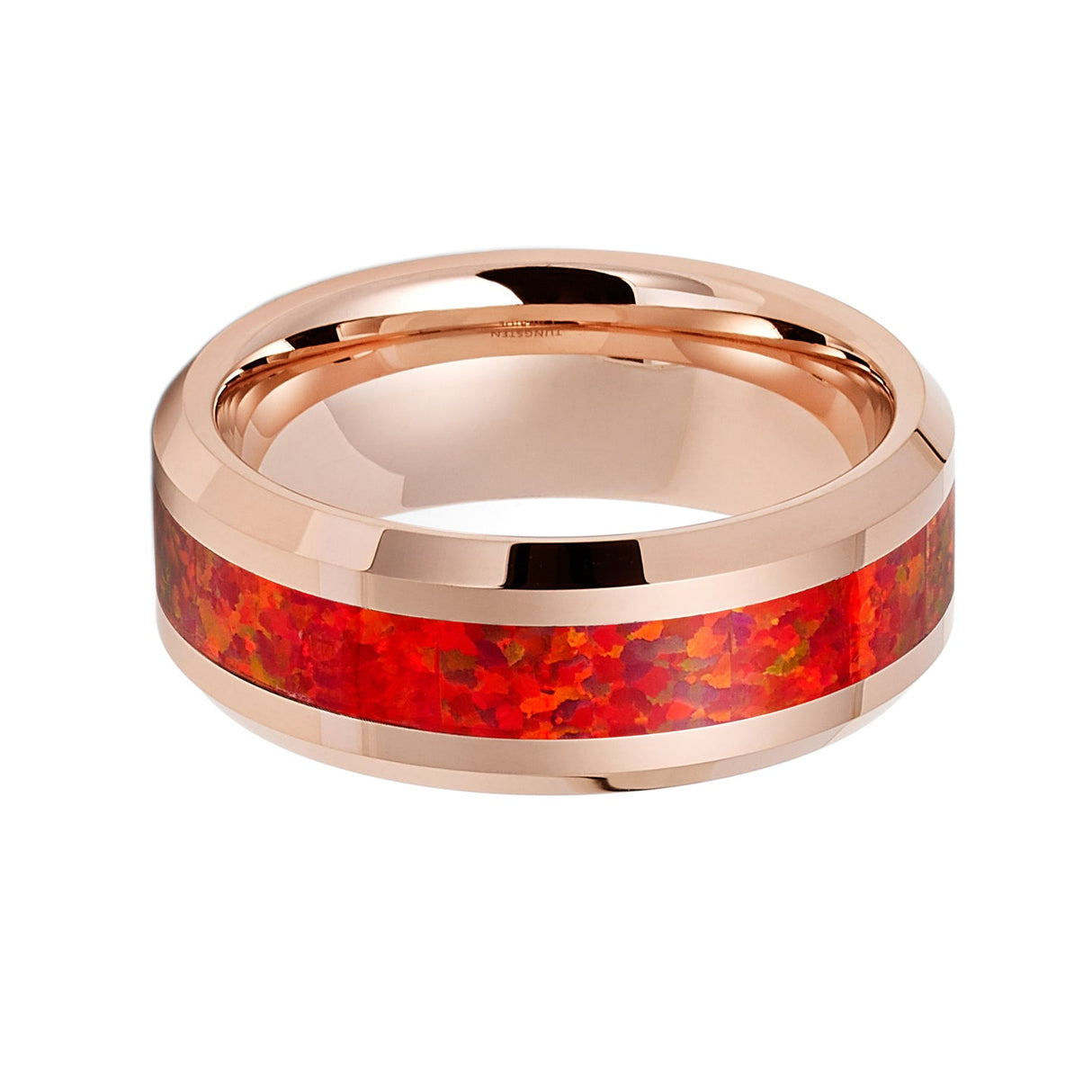 8mm Rose Gold Tungsten Carbide Wedding Band W/ Red Fire Opal Inlay