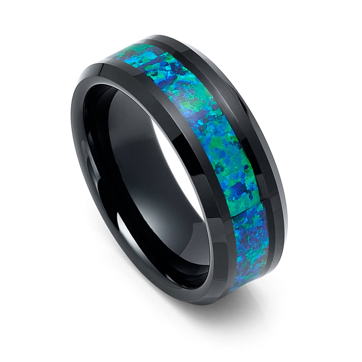 8mm Tungsten Carbide Wedding Band W/ Emerald Green & Blue Opal Inlay