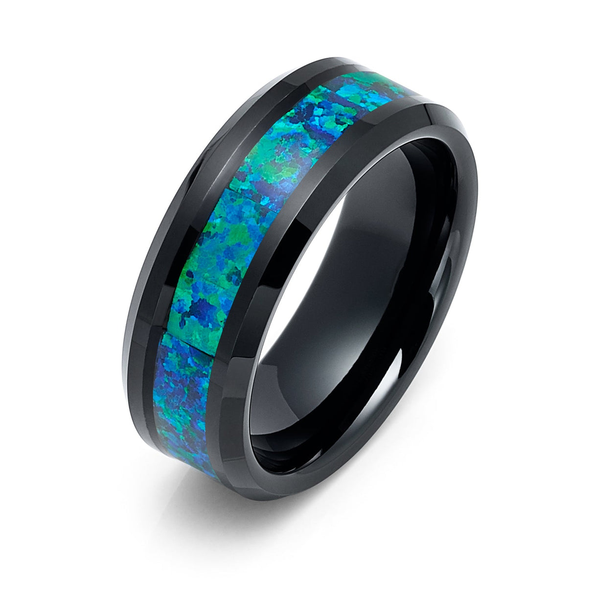 8mm Tungsten Carbide Wedding Band W/ Emerald Green & Blue Opal Inlay