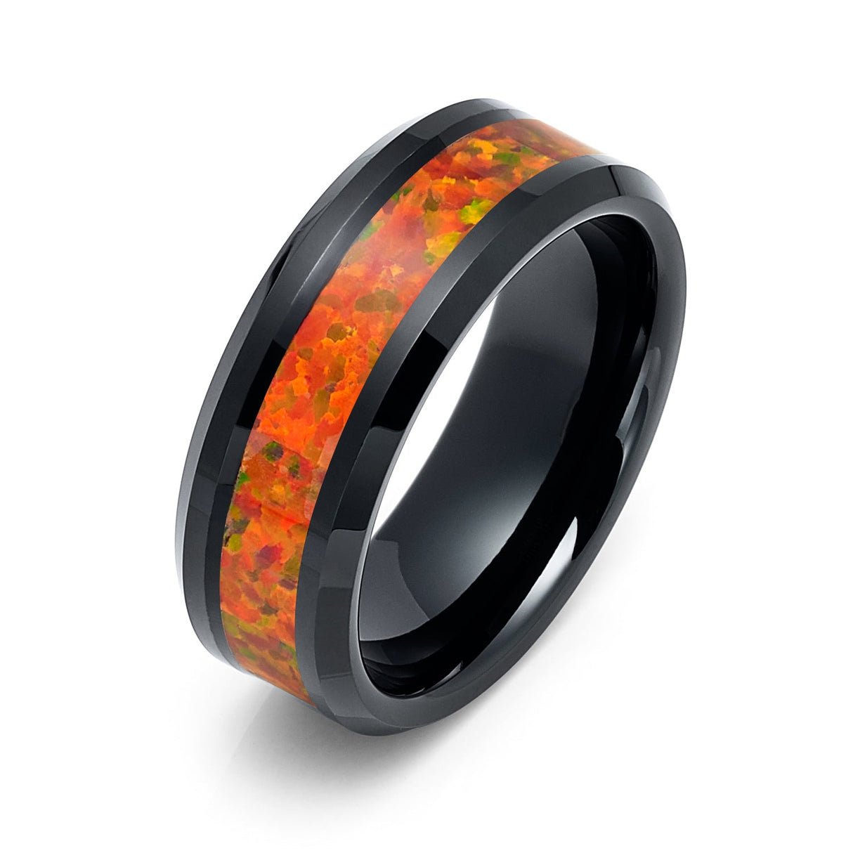 8mm Tungsten Carbide Wedding Band With Orange Opal Inlay