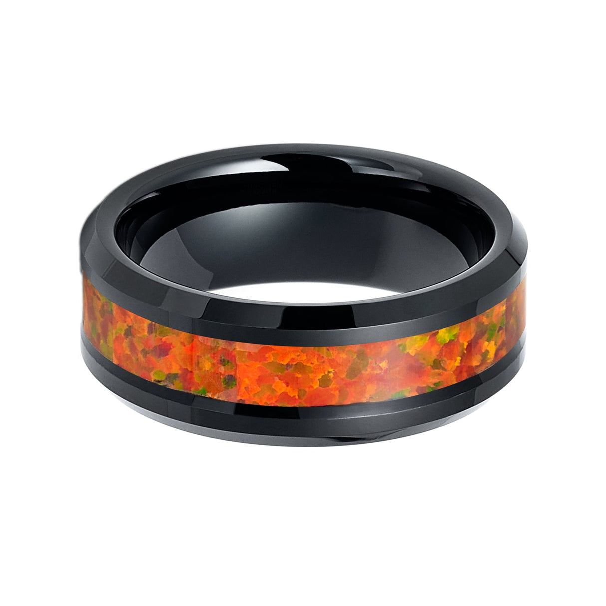 8mm Tungsten Carbide Wedding Band With Orange Opal Inlay