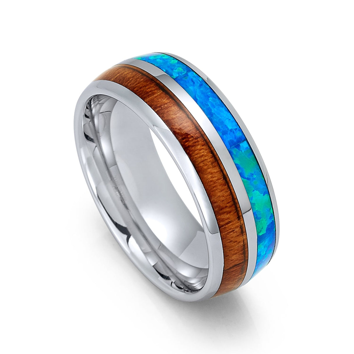 8mm Silver Tungsten Carbide Wedding Band W/ Koa Wood & Blue Opal