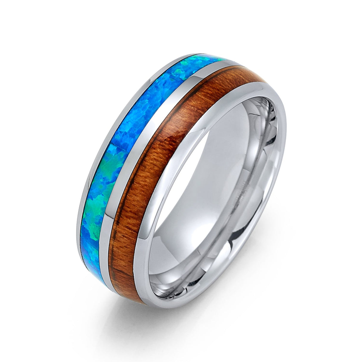8mm Silver Tungsten Carbide Wedding Band W/ Koa Wood & Blue Opal