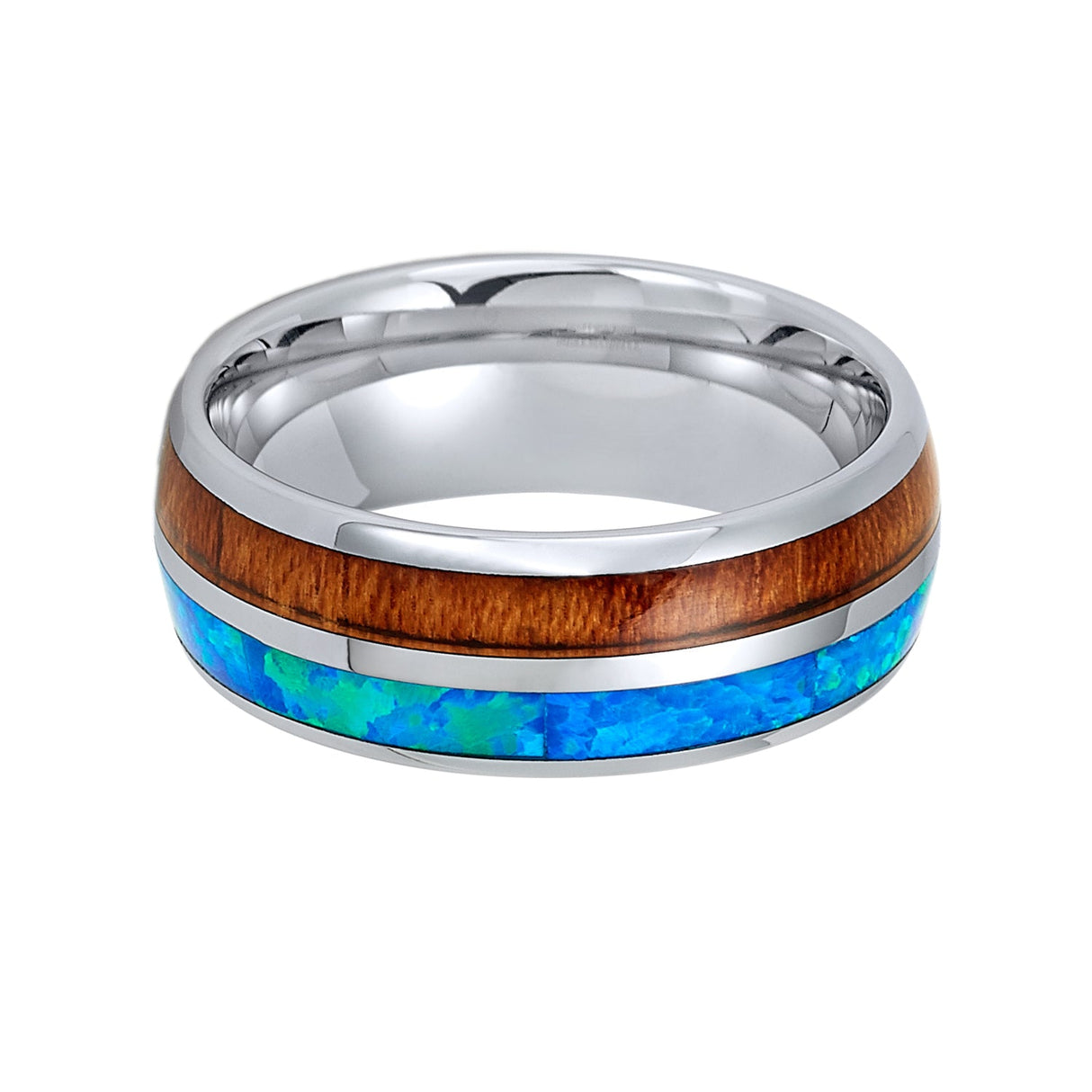 8mm Silver Tungsten Carbide Wedding Band W/ Koa Wood & Blue Opal