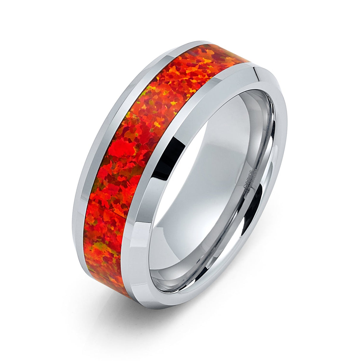 8mm Silver Tungsten Carbide Wedding Band W/ Red Fire Opal Inlay