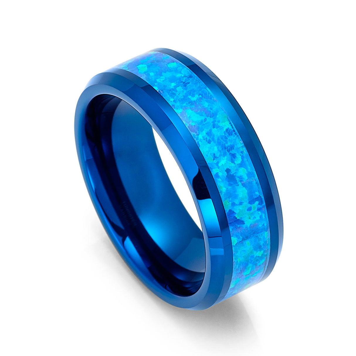 Blue Tungsten Wedding Band with Blue Green opal inlay -8mm Opal ring