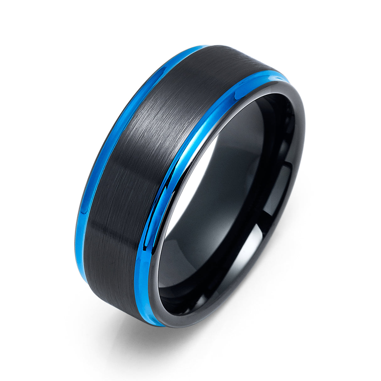8mm - Tungsten Wedding Band Brushed Black & Blue Stepped Edges