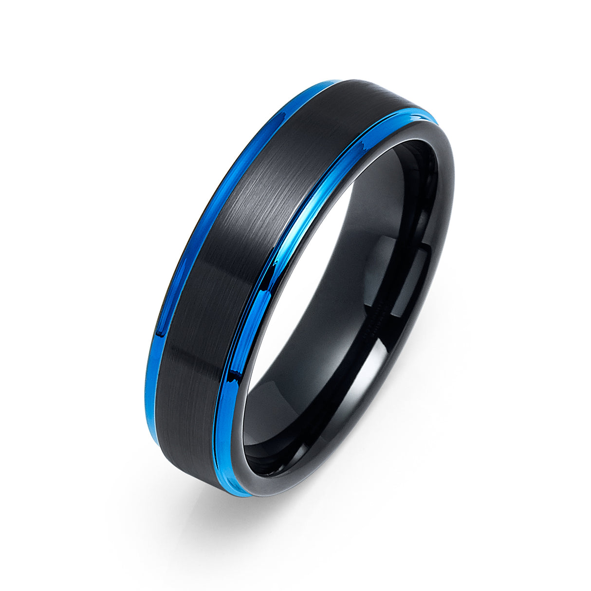 6mm - Tungsten Wedding Band Brushed Black & Blue Stepped Edges