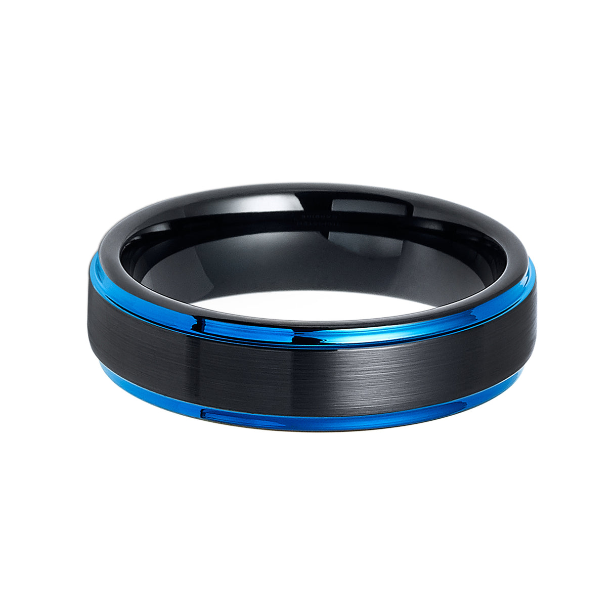 6mm - Tungsten Wedding Band Brushed Black & Blue Stepped Edges
