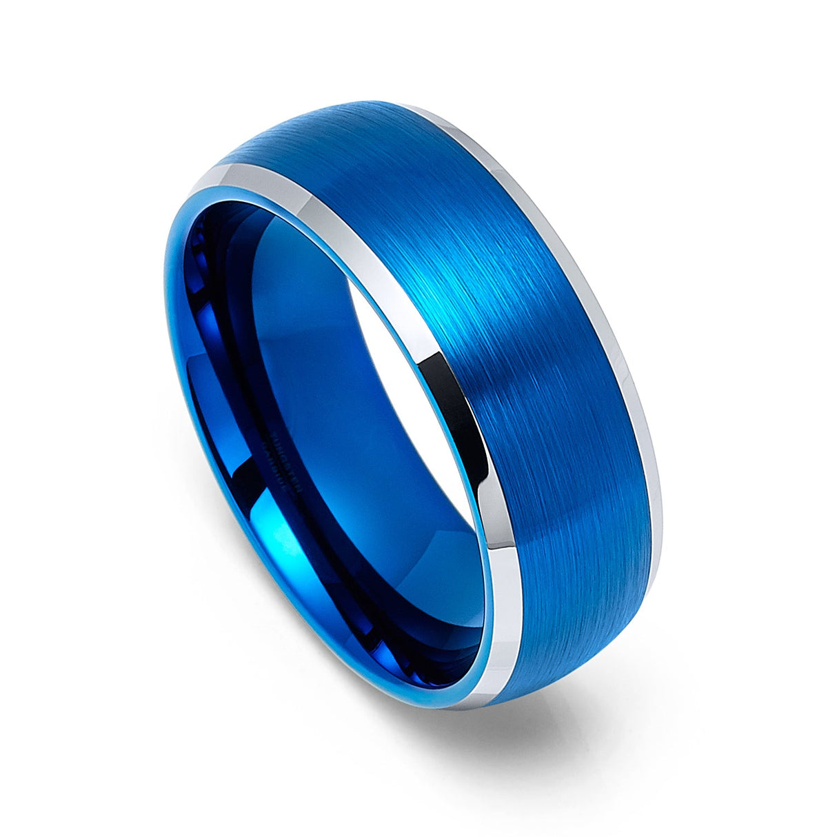 8mm Blue Brushed Dome Tungsten Wedding Band with Polished Edges