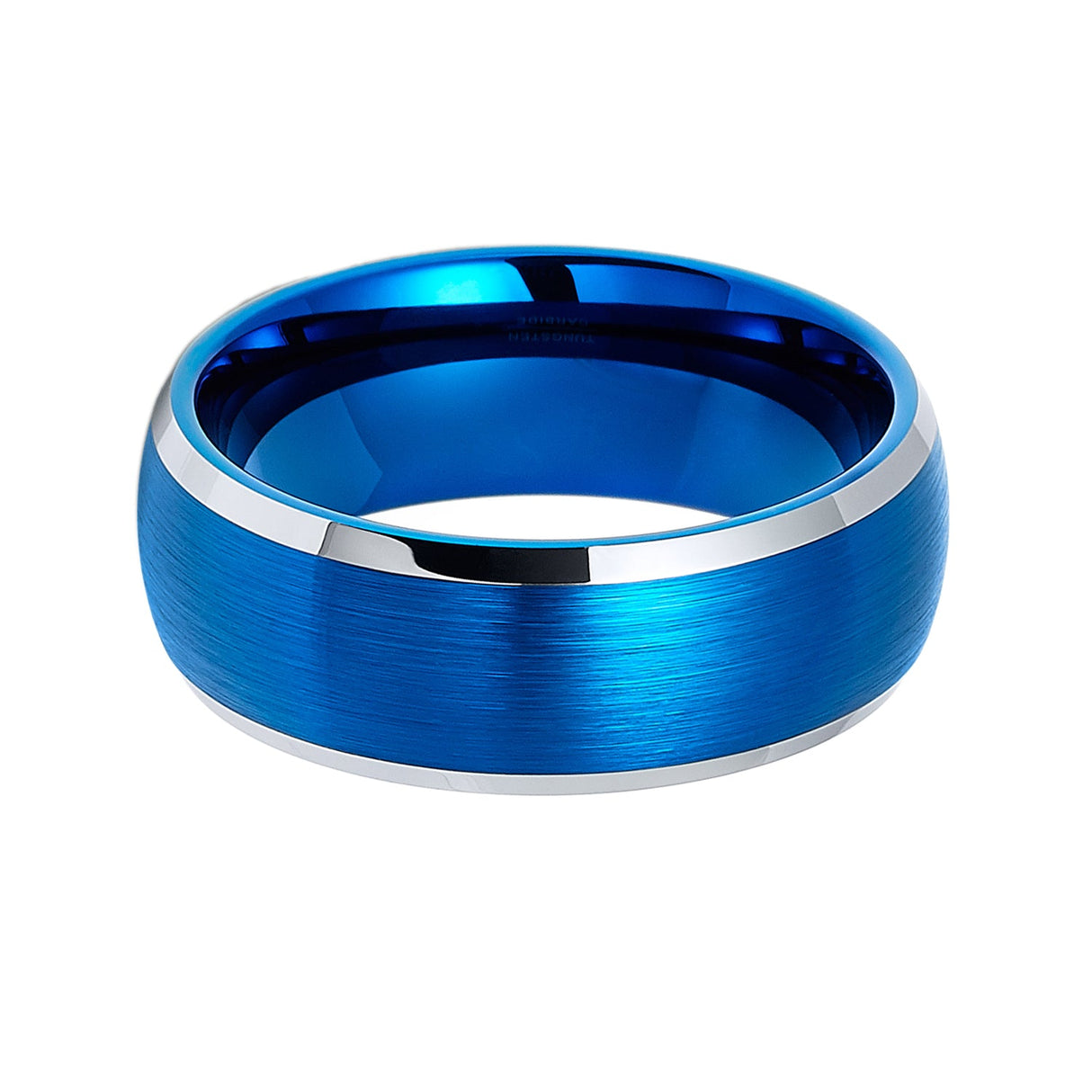 8mm Blue Brushed Dome Tungsten Wedding Band with Polished Edges