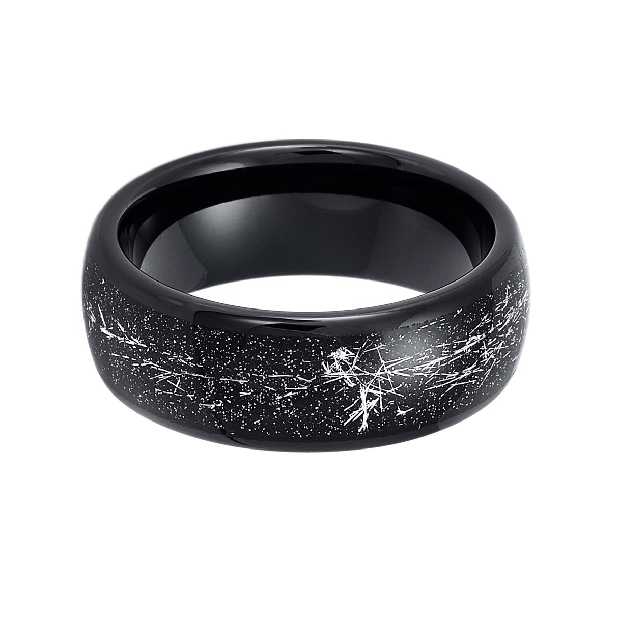 8mm Mens Black Tungsten Carbide Ring W/ Meteorite Inlay Domed Ring