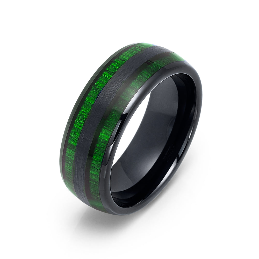 8mm - Tungsten Carbide Ring, Double Barrel Green Jade Wood Inlay, Dome shape,