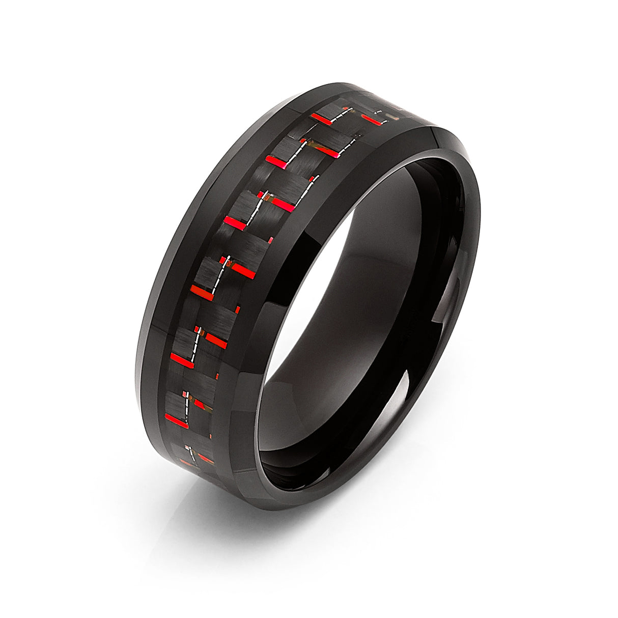 8mm Black Tungsten Carbide Ring With Red Carbon Fiber Inlay
