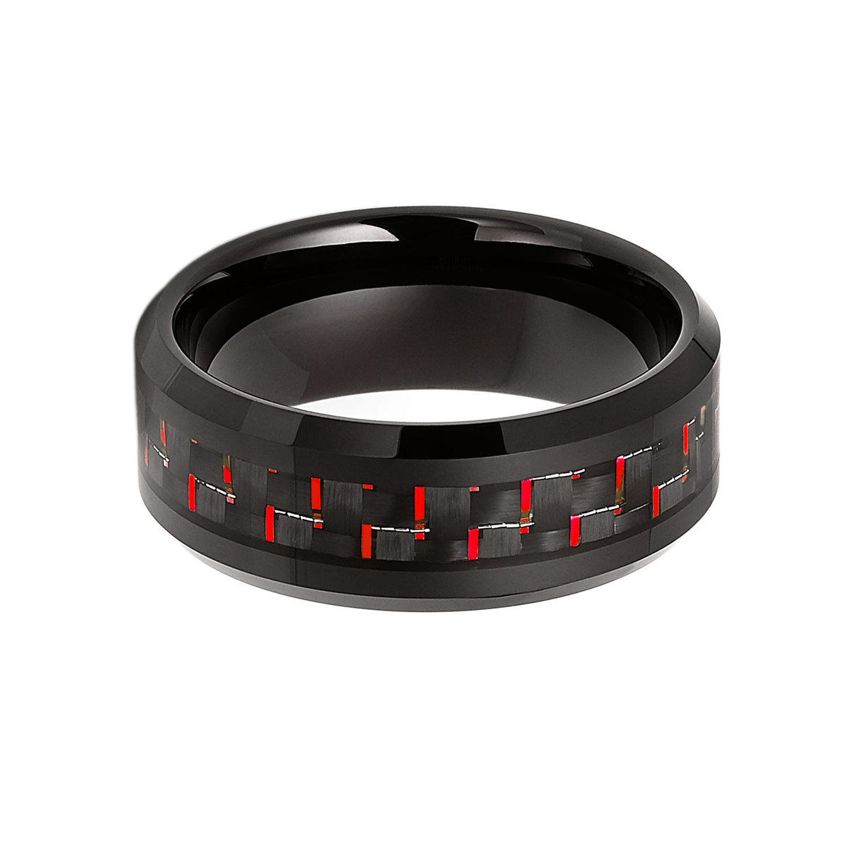 8mm Black Tungsten Carbide Ring With Red Carbon Fiber Inlay
