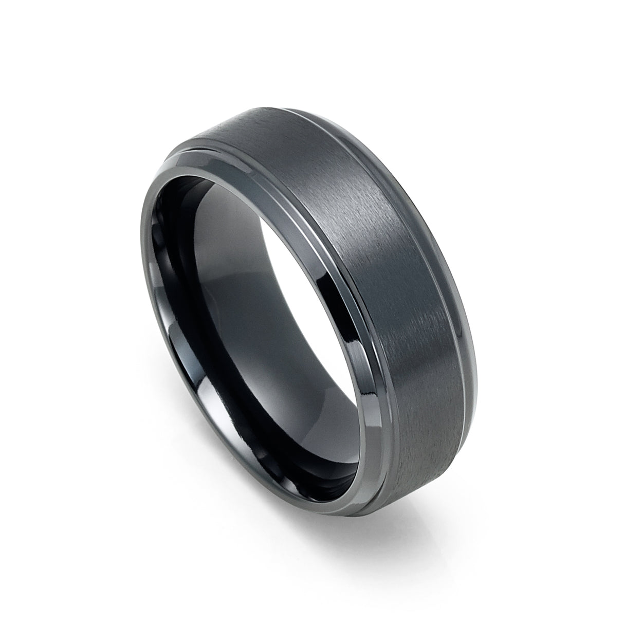 8mm Gunmetal Zirconium Ring with Brushed Center Stepped Edges