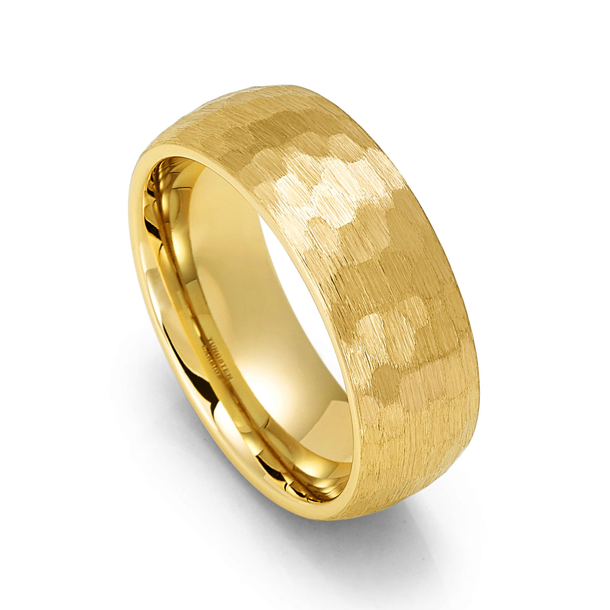 8mm Yellow Gold Tungsten Wedding Band Dome Hammered Brush Finish
