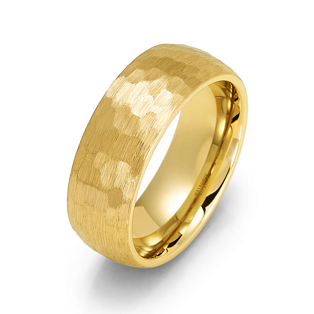 8mm Yellow Gold Tungsten Wedding Band Dome Hammered Brush Finish